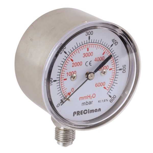 Manomètre inox vertical D100 0/250mbar G1/2'